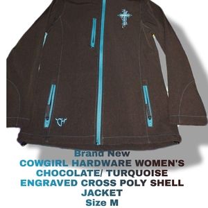 COWGIRL HARDWARE WOMEN'S CHOCOLATE/ TURQUOISE ENGRAVED CROSS POLY SHELL JACKET